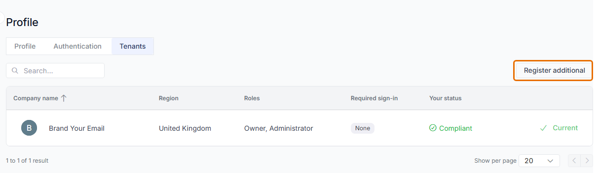Profile page Tenants tab with the Register additional button highlighted.